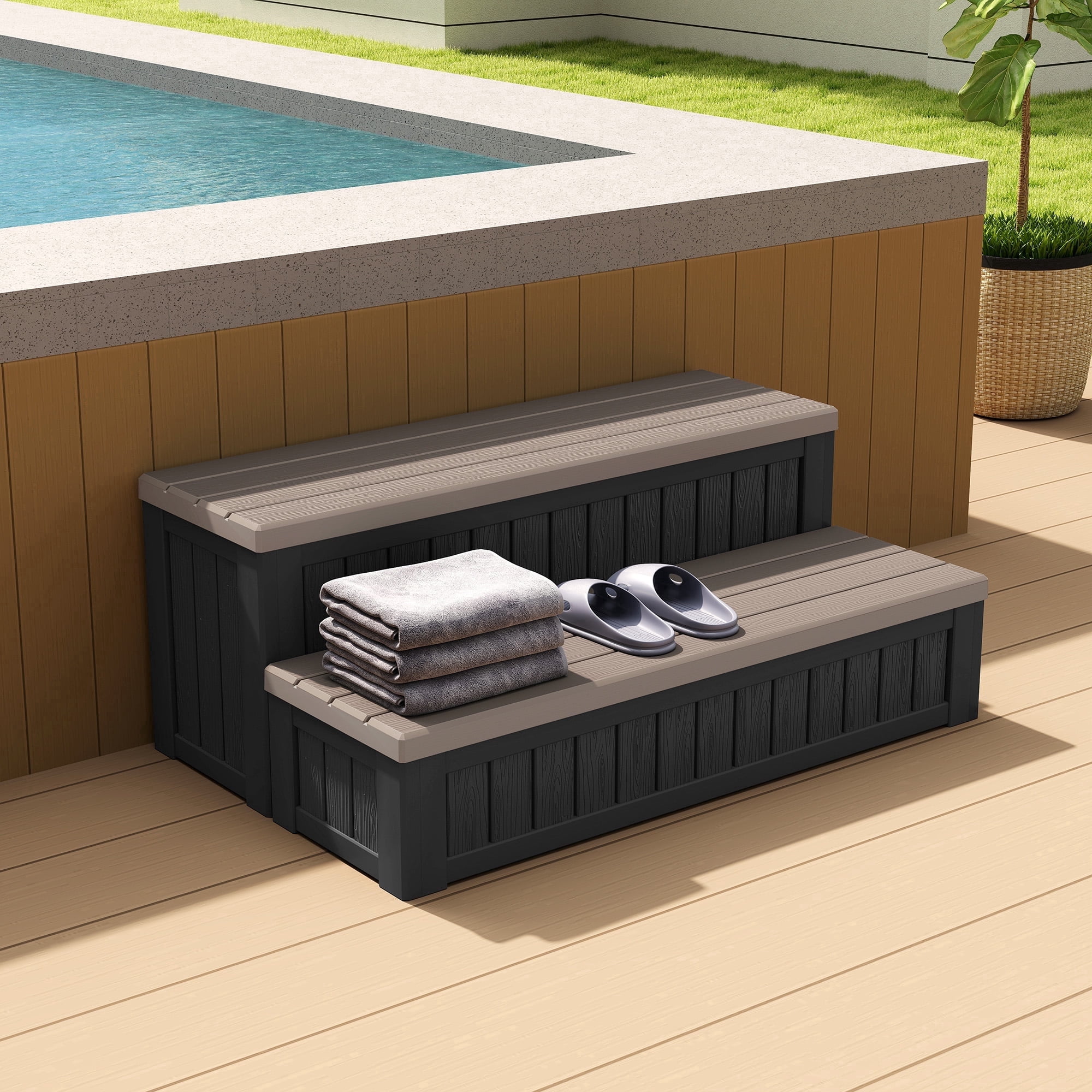 Bifanuo SPA Step for Hot Tub Outdoor Indoor SPA Slip-Resistant with Storage, Swimming Pool Deck Stairs Supports Up to 660 LBS, Black & Gray
