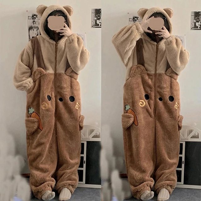 Mono de dibujos animados de lana para adultos, pijama de una pieza con oso y zanahoria, ropa de dormir, disfraz de Halloween, ropa de dormir de Navidad, mono