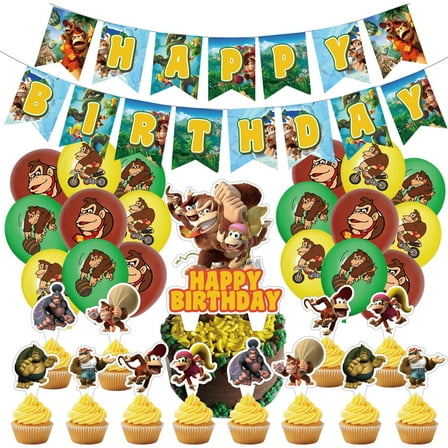 32-Piece For Donkey Kong Cartoon-Themed Party Decoration Set – Includes Banner, Cake Topper, 12 Cupcake Toppers, and 18 Balloons for Festive Celebrations
