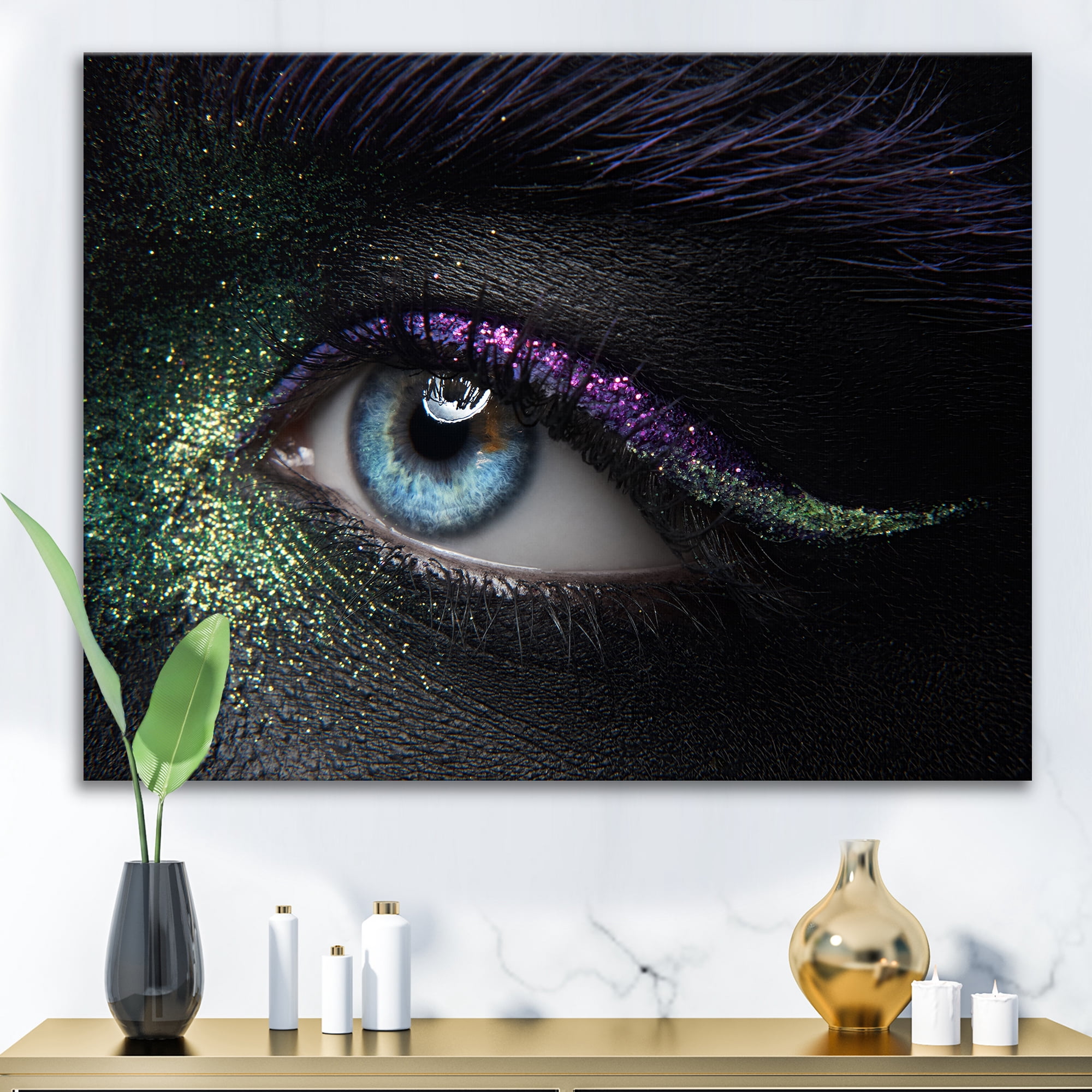 Designart ' Woman Eyes With Green & Purple Pigment & Sparkles ' Modern Canvas Wall Art Print