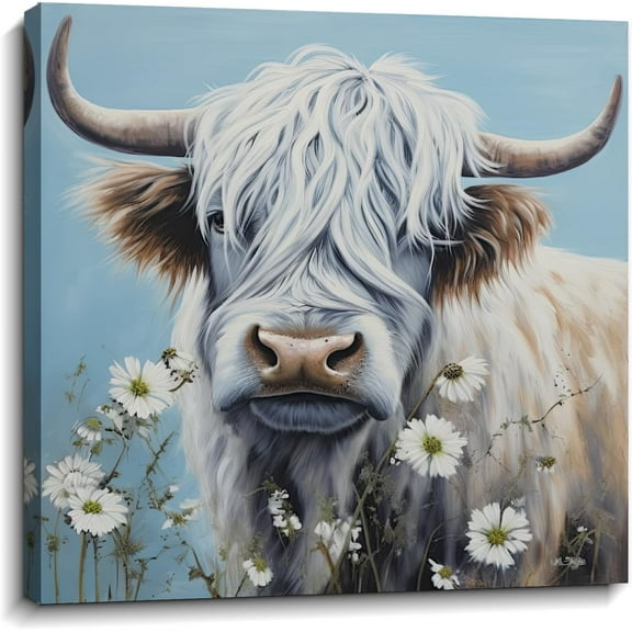 WFSposter Highland Cow Canvas Wall Art Cute Cattle with White Daisy Flower Picture Print Blue Poster Rustic Farmhouse Animal Painting Framed Artwork for Living Room Bathroom Bedroom Home Office Deocr