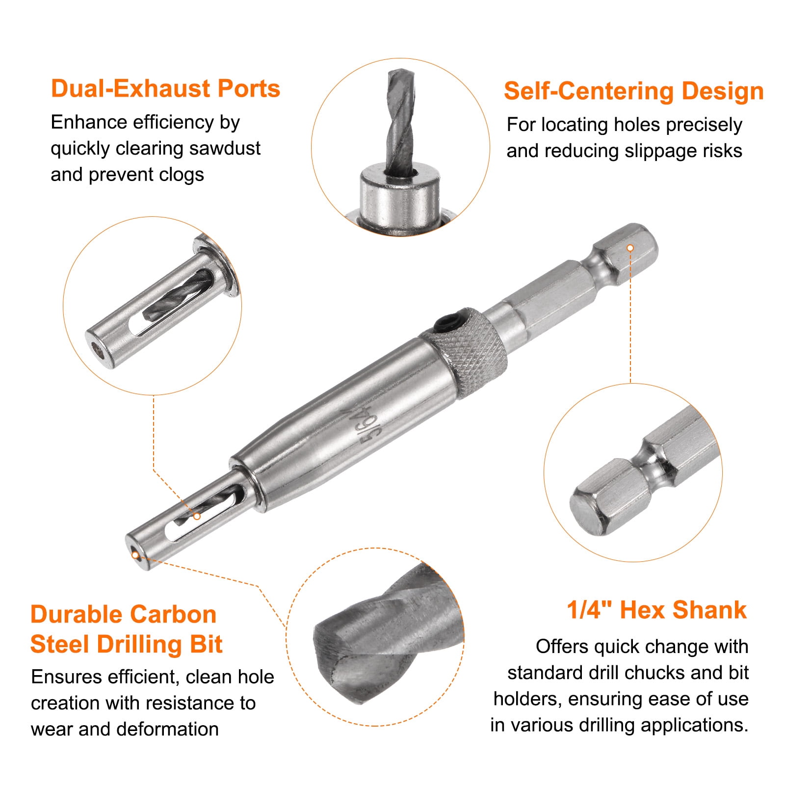 Uxcell 8pack Self Centering Drill Bit Set 5/64-1/4" 5mm, 1/4" Hex Shank Drilling Bits for Wood Working,Hinge , Silver