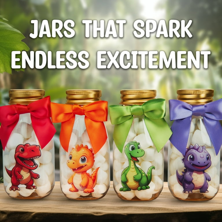 Ethisa 12 Pack Dinosaur Party Favors DIY Candy Jars with Ribbons