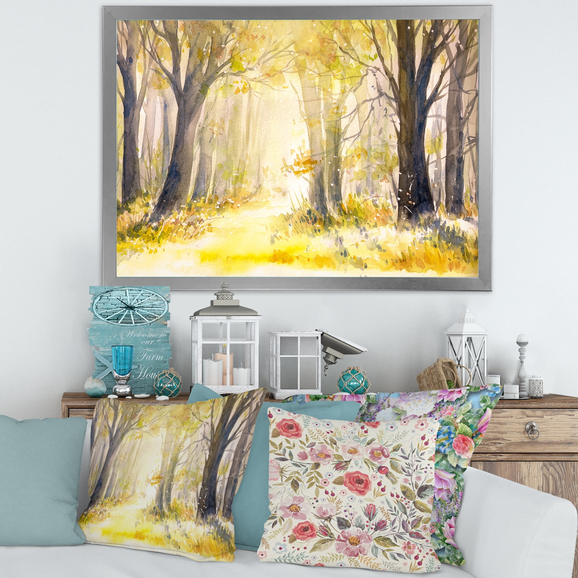 Designart 'Bright Sunshine Through The Yellow Forest Trees I' Traditional Framed Art Print