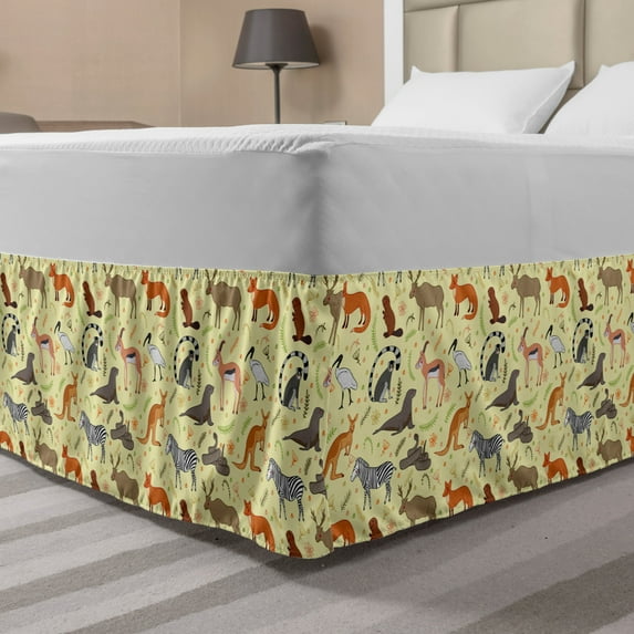Zoo Bed Skirt, Safari Animals Exotic Zebra Fox Beaver Antelope Lemur Kangaroo Rattlesnake, Elastic Bedskirt Dust Ruffle Wrap Around for Bedding Decor, 4 Sizes, Pale Yellow Multicolor, by Ambesonne