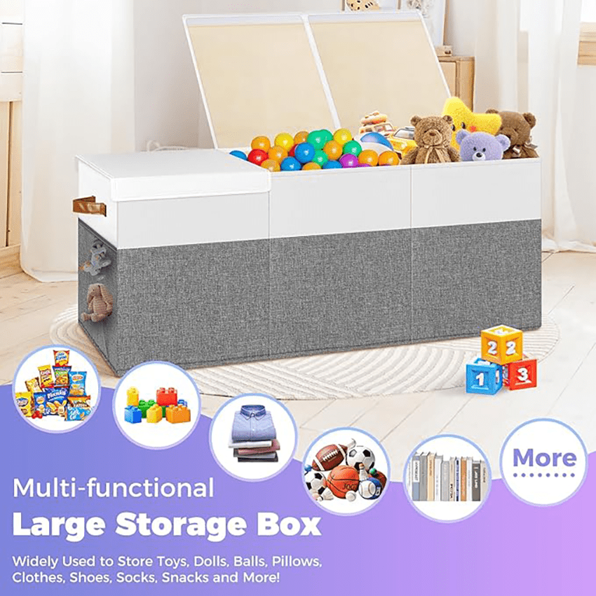 Extra Large Toy Box, Collapsible Sturdy Kids Toy Chest Storage Box with 3 Side bags and Removable Lids,Storage Bins with Lids for Nursery Room, Playroom,Closet,Home Organization,School