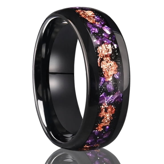 8mm Wide Black Tungsten Carbide Ring with Crushed Gold Leaf and Amethyst Inlay for Men