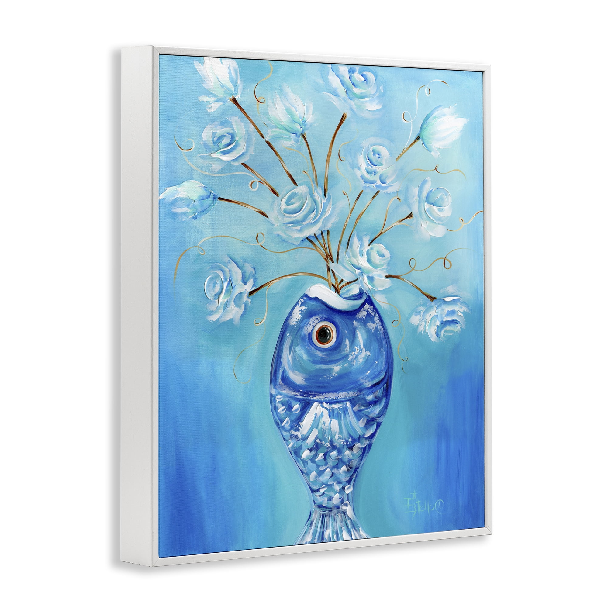 Stupell Industries Fish Vase Bouquet Botanical & Floral Painting White Framed Art Print Wall Art, 16 x 20