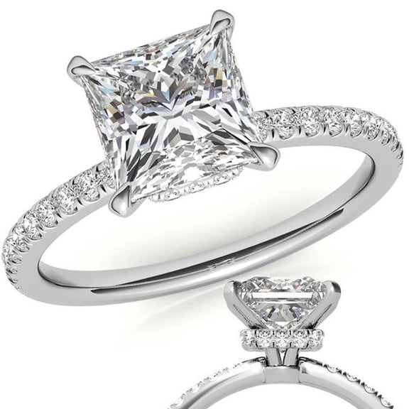 Auory 3CT Princess Cut Moissanite Hidden Halo Engagement Ring For Women in 18K White Gold Plated Over Silver