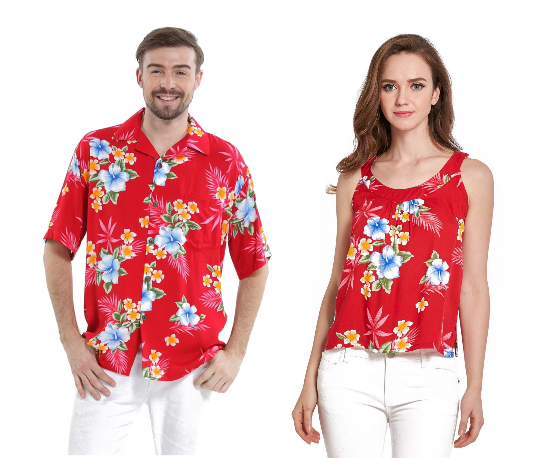 Couple Matching Hawaiian Luau Outfit Aloha Shirt and Tank Top in Hibiscus  in 3 Colors 