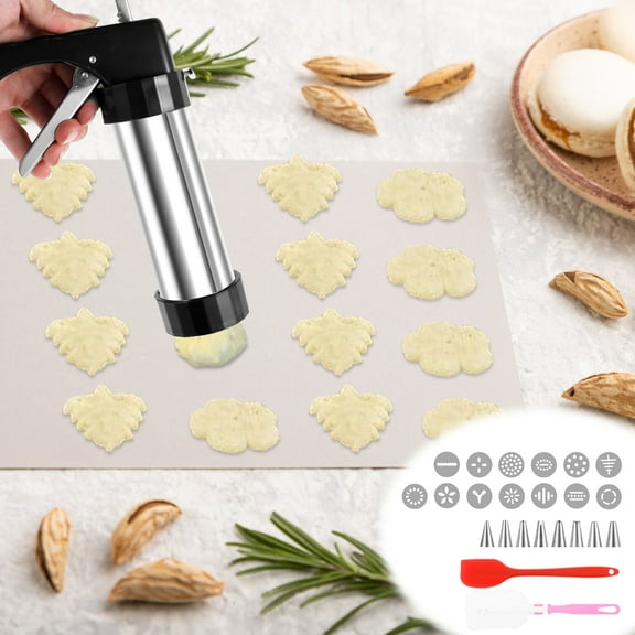 Wekvgz Churro Maker Machine Stainless Steel Cookie Press Kit Complete Cookie Maker Machine with 8 Piping Tips 13 Discs Scraper Sponge Brush Practical Cookie Press Kit for Decorating Cakes