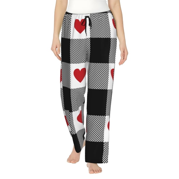 Fotbe Heart Black Buffalo Plaid Gingham Pantalones de Pijama para Mujer, Pantalones de Dormir, Pantalones Pj con Cordón y Bolsillos-X-Large