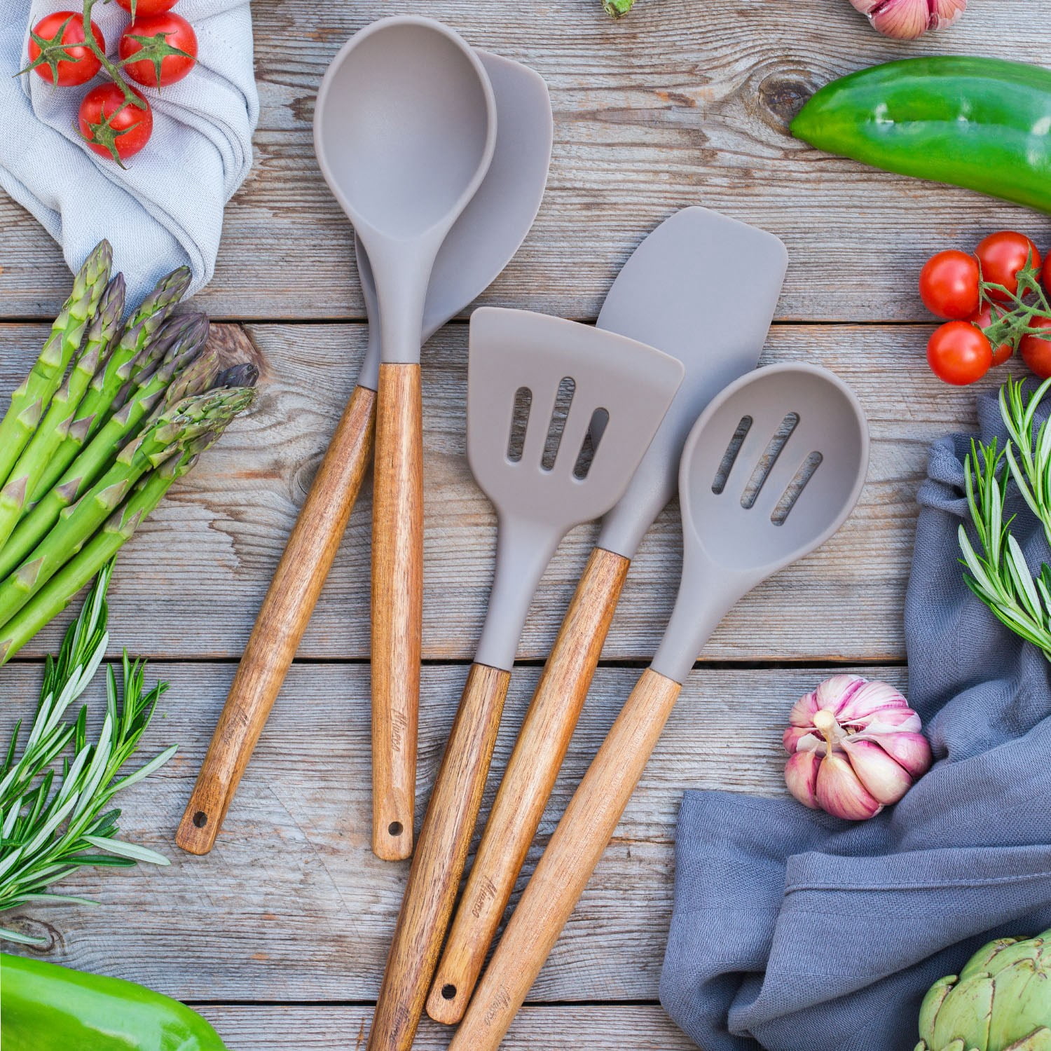 Cooking Utensil Set Silicone Kitchen Tools Wooden Handle Beige Background  Stock Photo by ©ikrolevetc 477236202