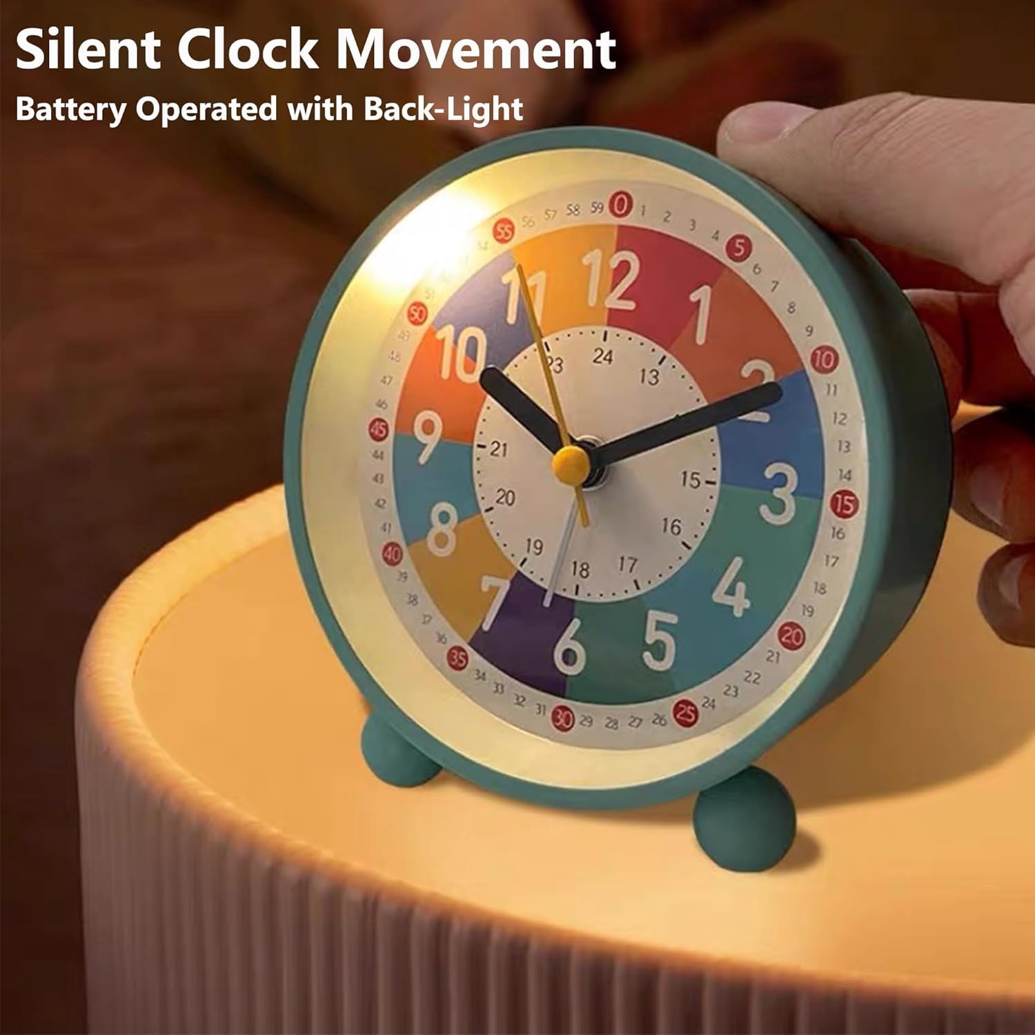 Analog Alarm Clock for Kids: Telling Time Teaching Clock for Kids, Learning Clock with Colorful Dial, Clock to Teach Kids How to Tell Time, Battery Operated Kids Alarm Clock with Back-Light (Blue)