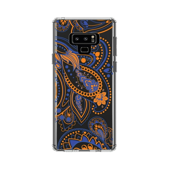 DistinctInk Clear Shockproof Hybrid Case for Samsung Galaxy Note 9 - TPU Bumper, Acrylic Back, Tempered Glass Screen Protector - Orange and Blue Paisley