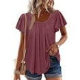 thumbnail image 2 of Timegard Womens Top Summer Ruched Round Neck Ruffle Short Sleeve Comfy Casual Drop Shoulder Blouse, 2 of 8