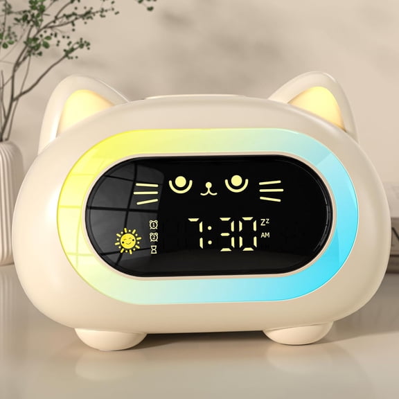 Sailstar Kids Alarm Clock with Night Light, OK to Wake Sleep Trainer, Eye-Caring Display, Dual Alarm, Auto-Off, Cute Cat Design for Girls