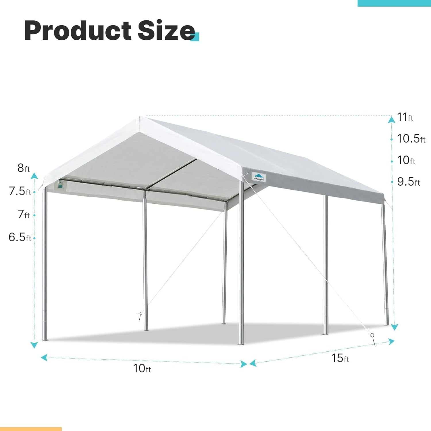ADVANCE OUTDOOR 10x15 ft Carports Heavy Duty Car Canopy Garage Party Tent Boat Shelter, Adjustable Height from 9.5 ft to 11 ft, White