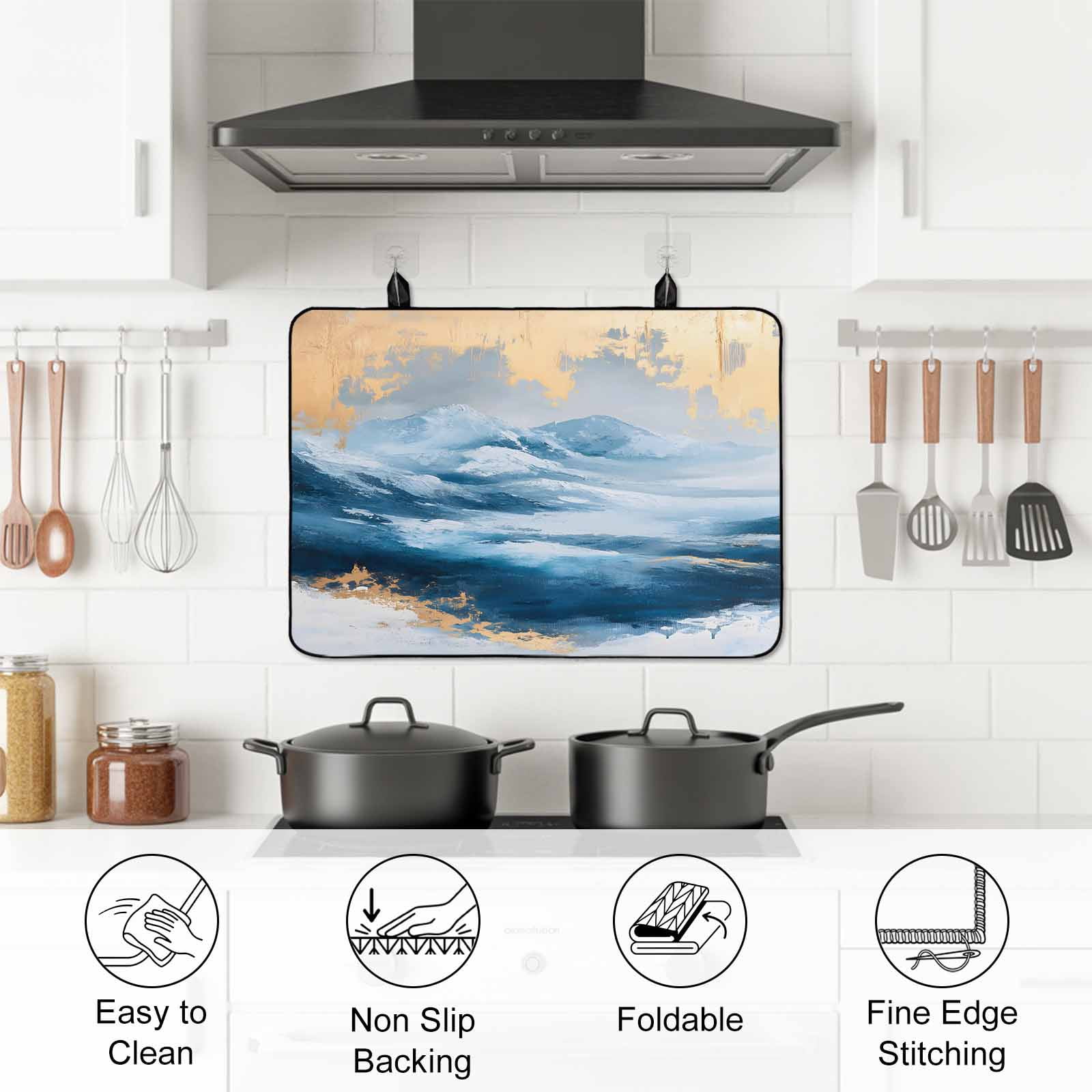 Blue Yellow Stove Top Cover for Electric Stove, Heat-proof & Non Slip Glass Top Stove Cover Protector, Modern Abstract Oil Painting Ombre Kitchen Flat Cooktop Rubber Mat 24x21 Inches