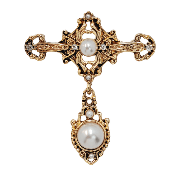 Cross White, Pearl, Crystal Brooch, Gold-toned