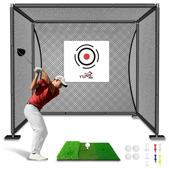 Jaula de golf YUNIC con marco de acero para patio trasero de 2,4 x 2,4 x 1,5 m