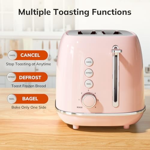 2 Slice Toaster Retro Stainless Steel with Bagel, Cancel, Defrost Function and 6 Bread Shade Settings Bread Toaster, Extra Wide Slot and Removable Crumb Tray (Pink)