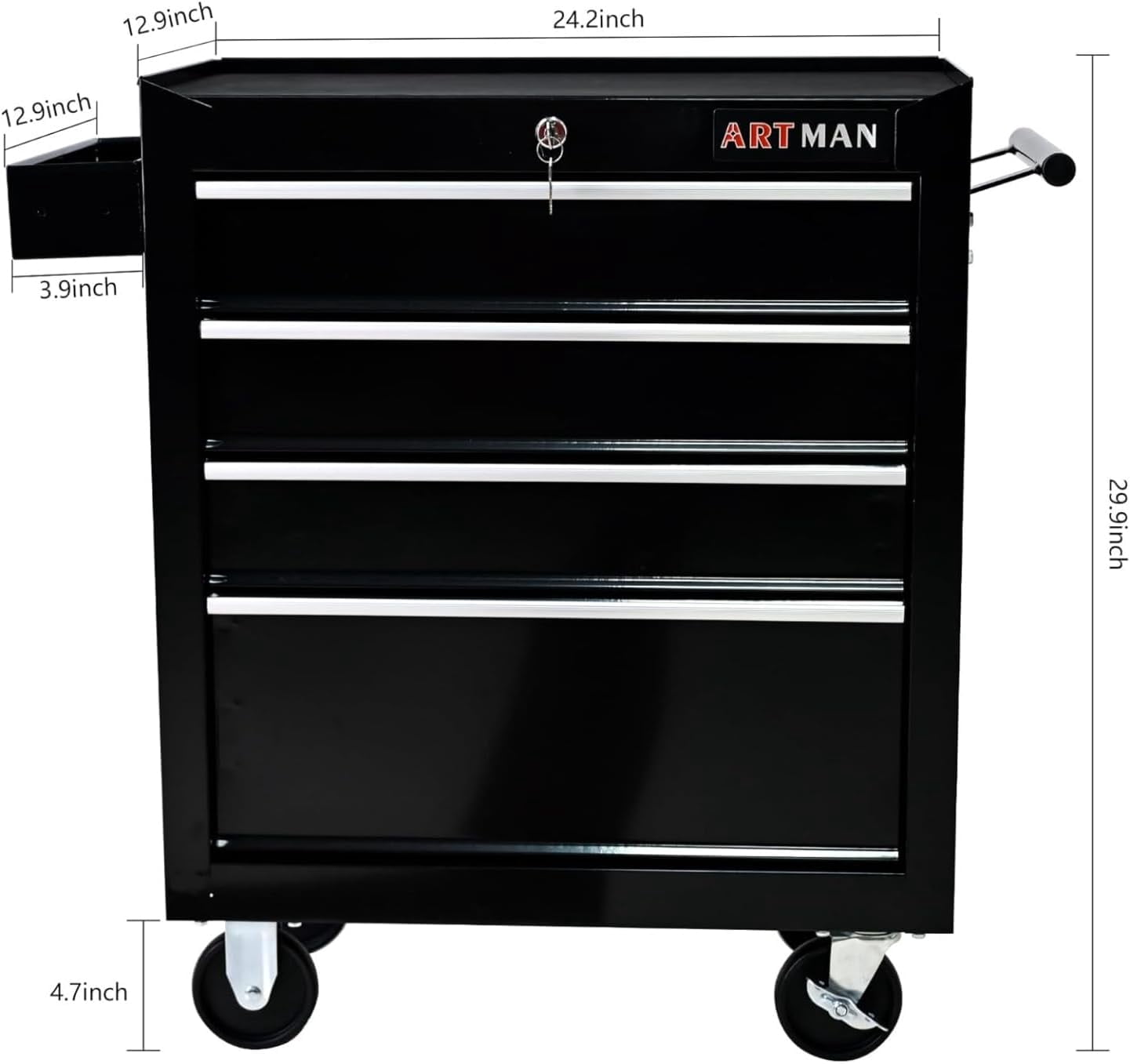 4-Drawer Tool Cart, Lockable Tool Trolley with Liners, Wheels, Multi-Functional Rolling Tool Chest for Workshops, Repair Shops, Factories, Black