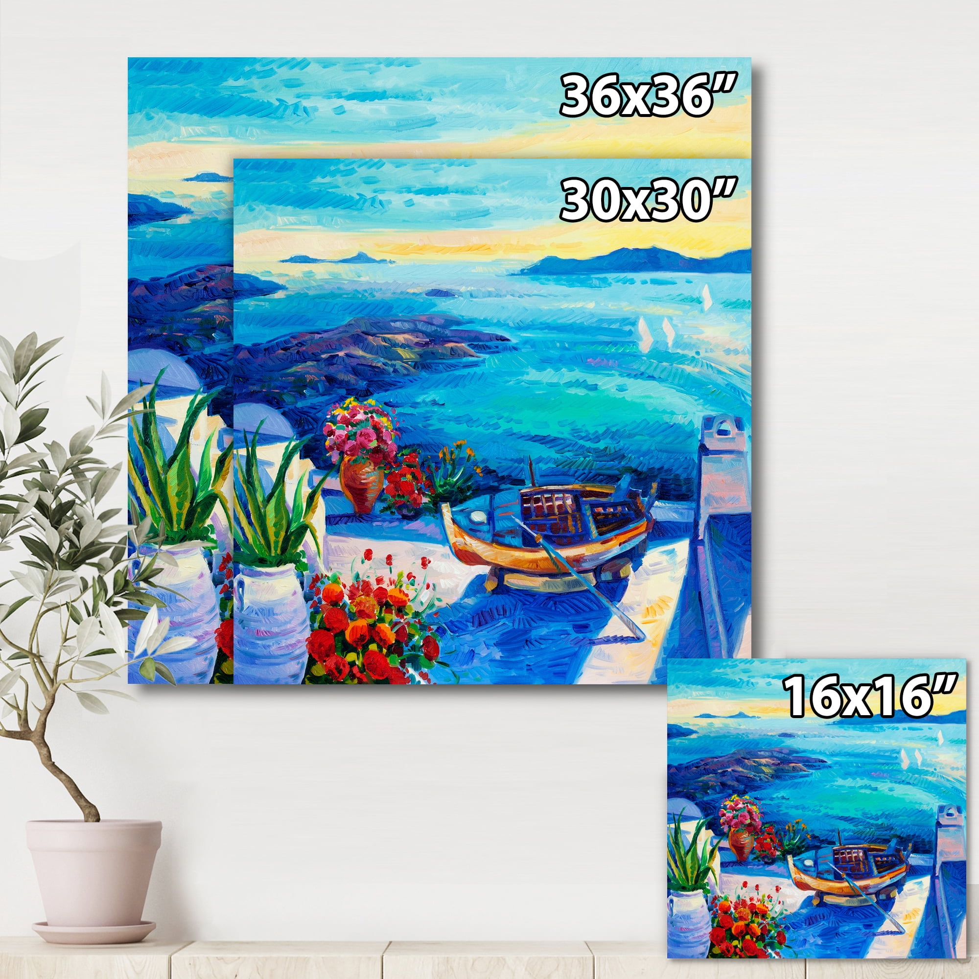 Designart ' Little Red Flowers With Sea View ' Nautical & Coastal Canvas Wall Art Print