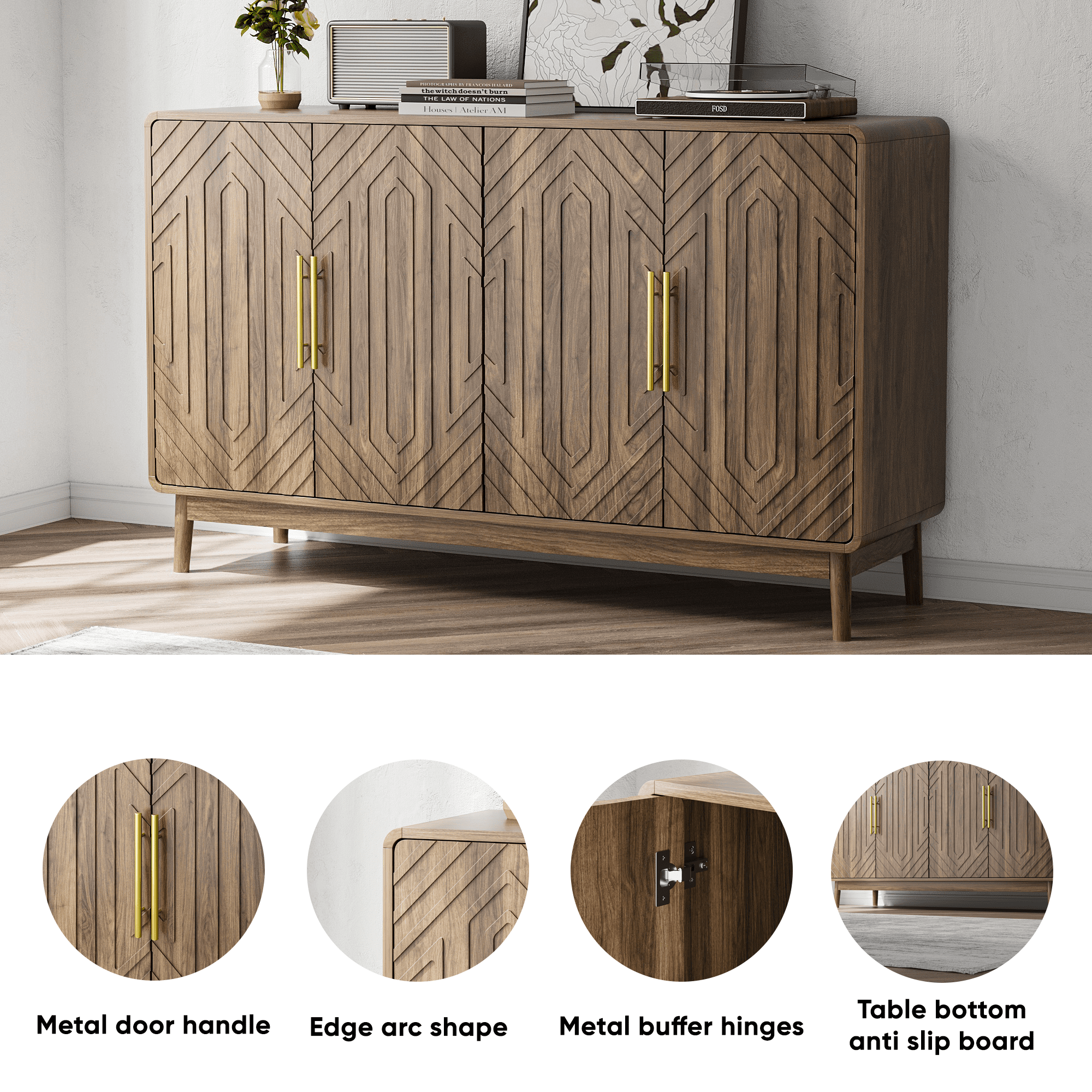 Sideboard Buffet Cabinet With Storage, Carved 4 Door Sideboard,Multifunctional Accent Cabinet With Adjustable Layer Board For Living Room, Entryway, Hallway, Office, Kitchen and Dining Room