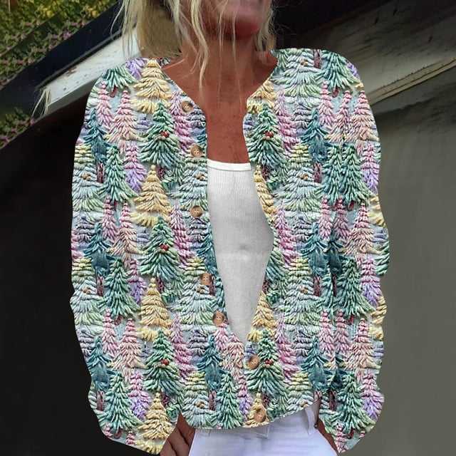 Jsaierl Womens Ugly Christmas Cardigan Sweaters Xmas Tree Print Long Sleeve Sweater Button Down Knit Cardigans Fall Winter Warm Coats