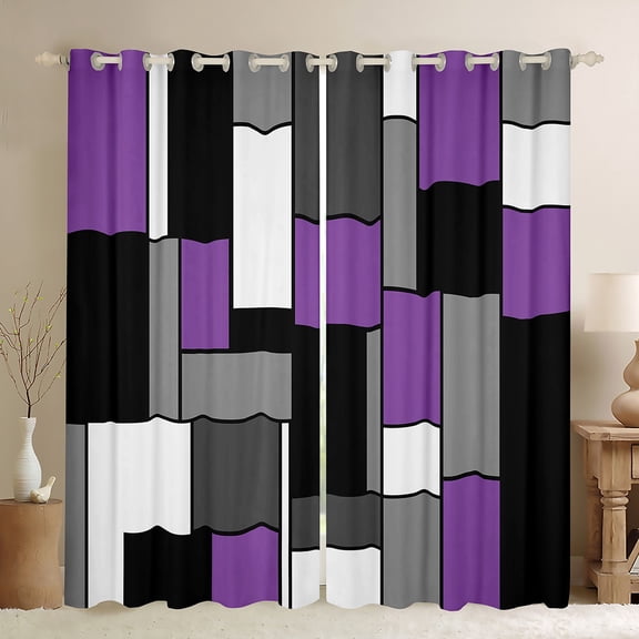 Feelyou Geometric Anstract Black Out Curtains for Adult, Purple Grey Square Curtains Pack of 2 (42x63 Each), Modern Fashion Bedroom Curtains, Curtains and Drapes Home Decor