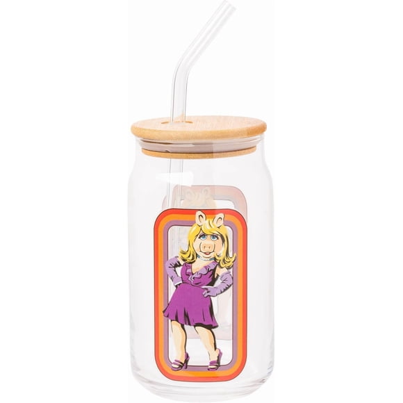 Silver Buffalo Muppets Featuring Miss Piggy Glass Jar Tumbler with Bamboo Lid and Glass Straw, 16 Ounces