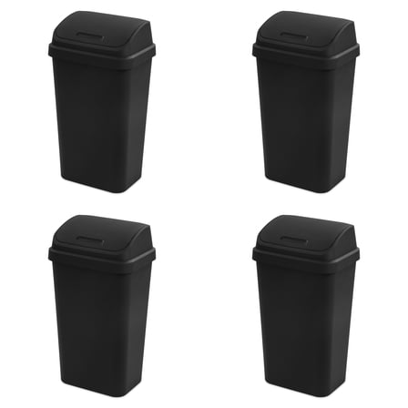 Sterilite 13 Gal. Swing Top Wastebasket Plastic, Black, Set of 4