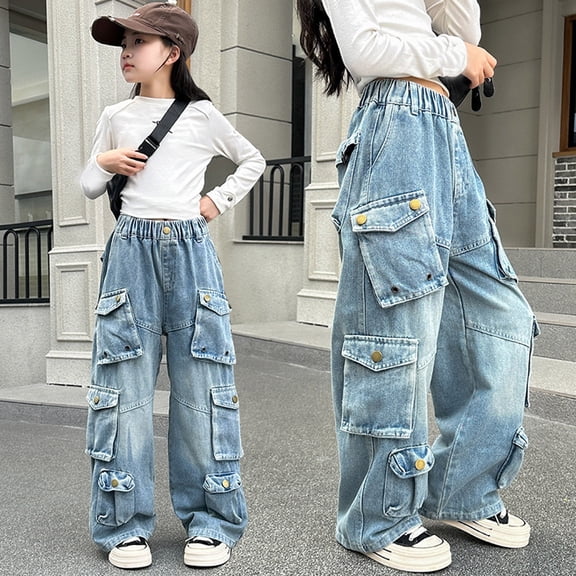Jean for Girls Cargo Jeans Girls Straight Leg Wide Leg Denim Jeans High Waist Baggy Jeans with Pockets Jeans Girls 11-12 Years