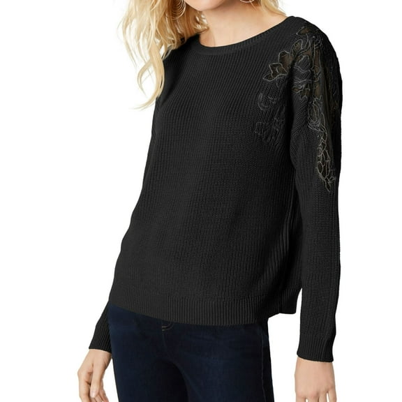 I-N-C Womens Lace Shoulder Pullover Sweater, Black, Small