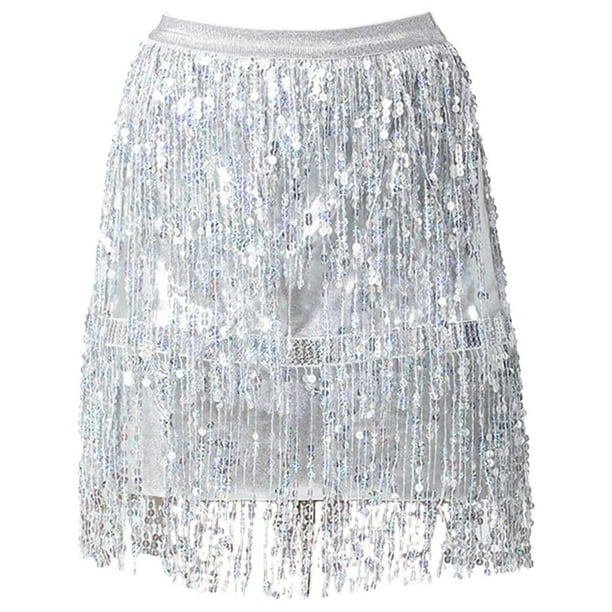 Gibobby mini faldas de mujer Para Mujer Falda A La Cadera Danza Del Vientre Falda A La Cadera Flow Su Lentejuelas Wrap Falda De Mujer(Plateado, L)