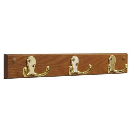 - Wooden Mallet 3 Hook Wall Coat Rack Rail in Medium Oak and Brass