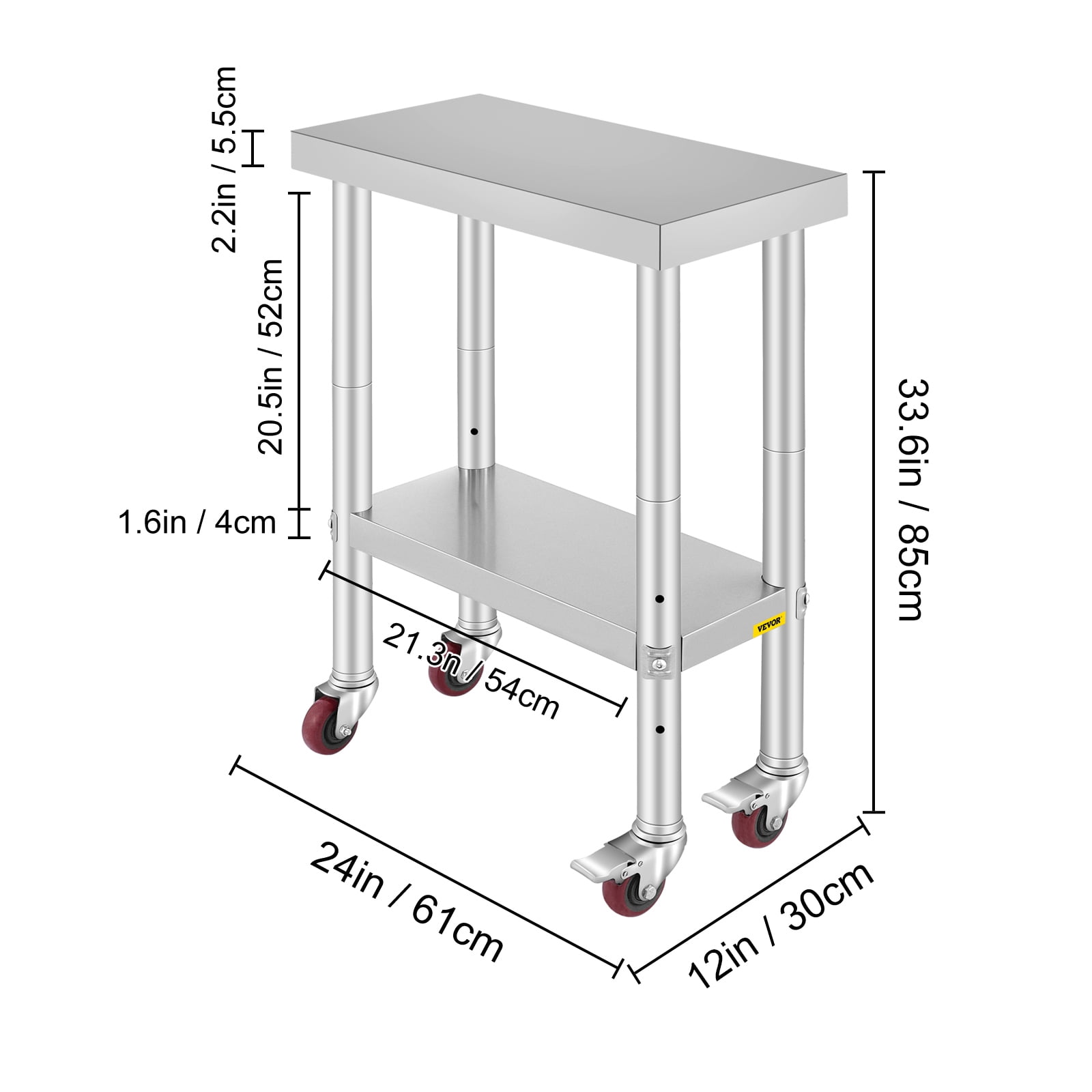 VEVORbrand 24 x 12 x 32 Inches Stainless-Steel Work Table 3-Stage Adjustable Shelf with 4 Wheels Heavy Duty Commercial Food Prep Work Table with Brake for Kitchen