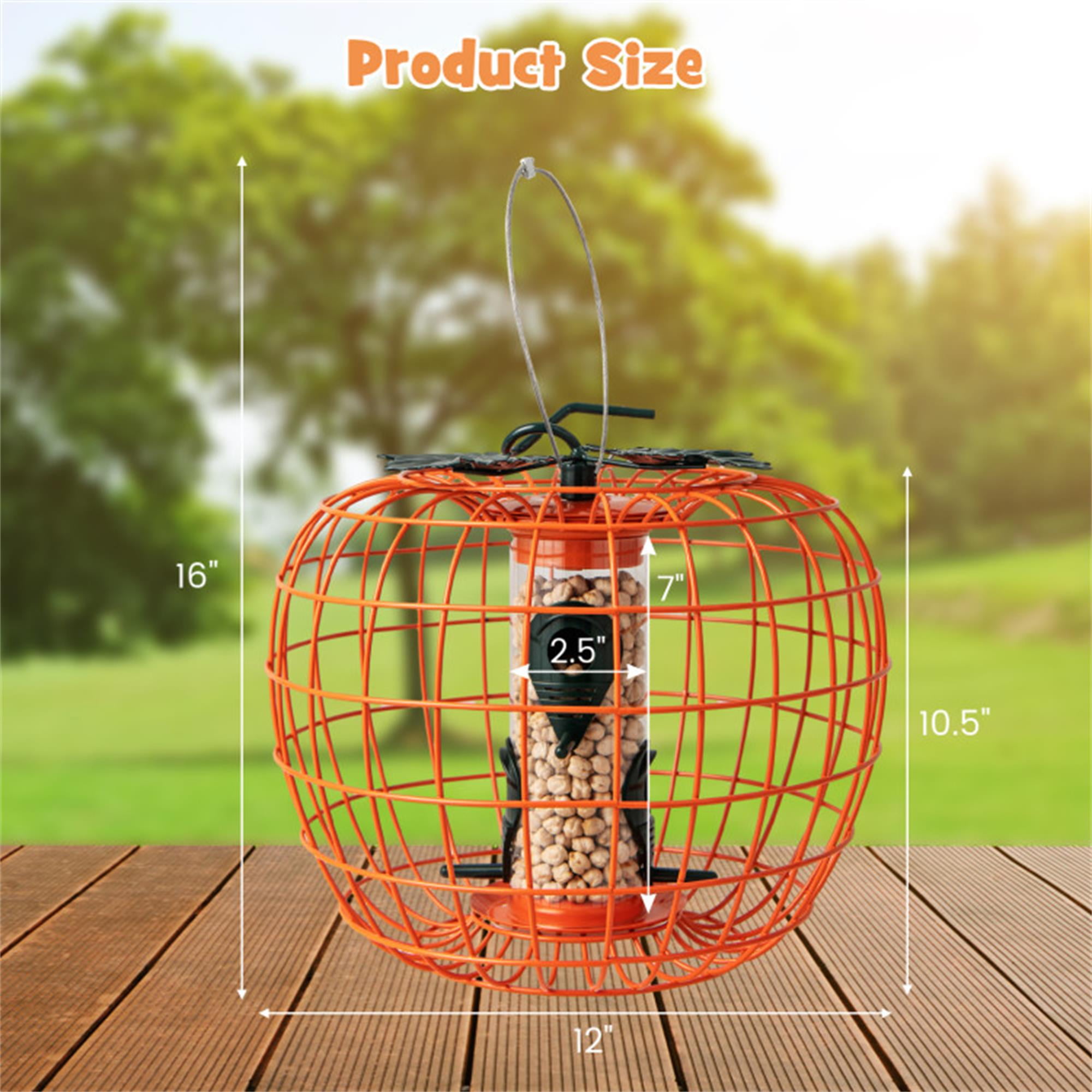 Kadyn 16" Metal Hanging Bird Feeder with Cage and 4 Metal Ports, Squirrel-proof Wild Bird Feeder for Outdoors, Orange