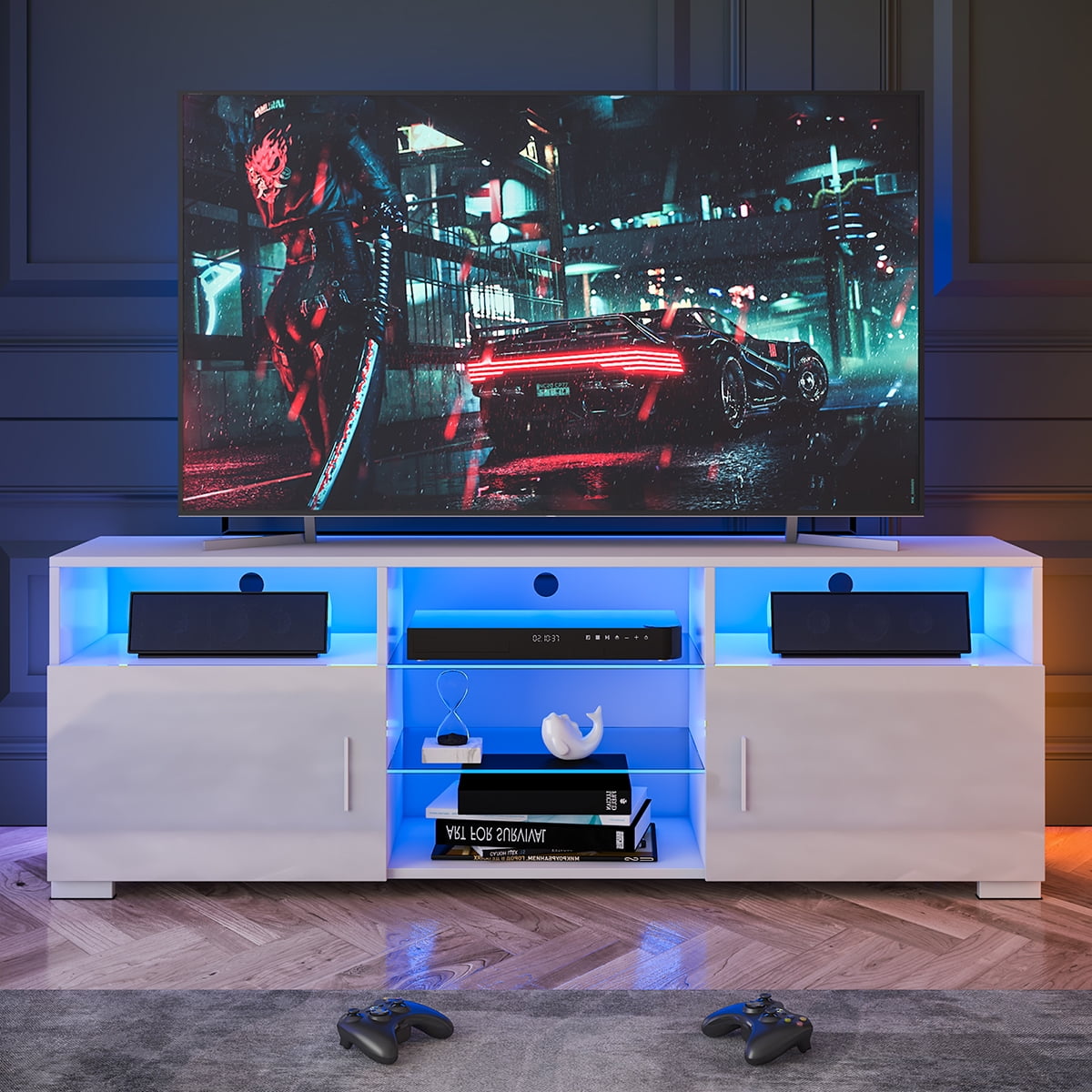 57'' TV Stand for TVs up to 65",  Media Console Entertainment Center Living Room TV Cabinet with RGB LED Light and Glass Shelves - White Finish - Modern Decorative