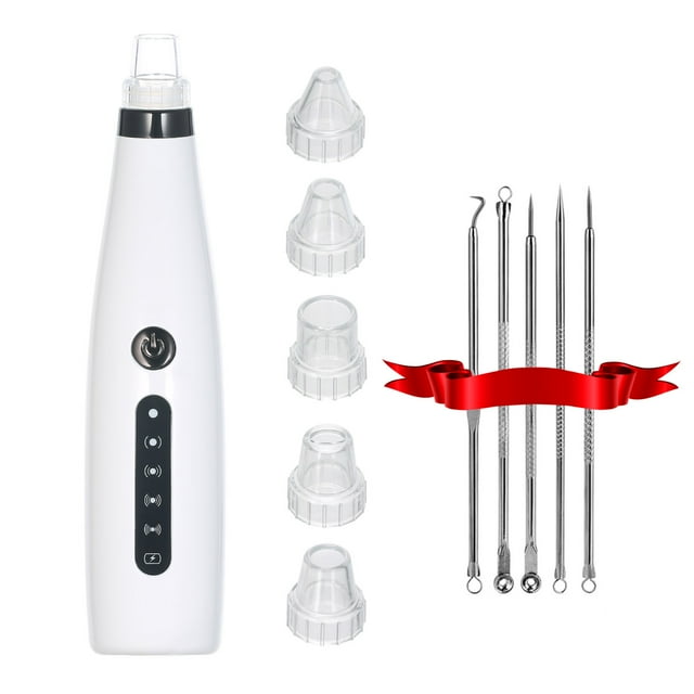 Amdohai Portable Blackhead Remover Electric Blackhead Suction Device with a white body, black control panel, six suction probes, and five stainless steel blemish remover tools. USB rechargeable, featuring adjustable suction force and multi-purpose functionality for deep skin cleansing and pore care.