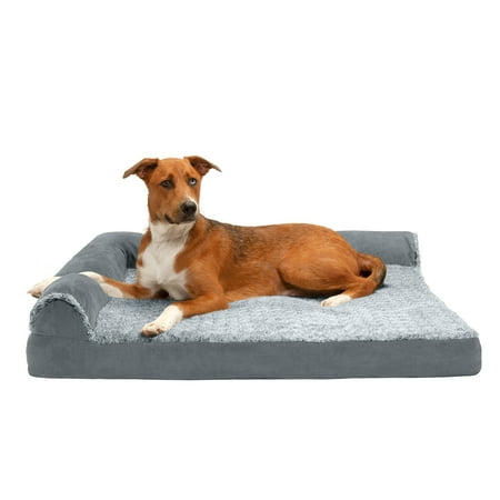 UPC: 0842229107555 | FurHaven Pet Products Two-Tone Faux Fur & Suede Cooling Gel Top Deluxe L-Chaise Pet Bed for Dogs & Cats – Stone Gray Jumbo