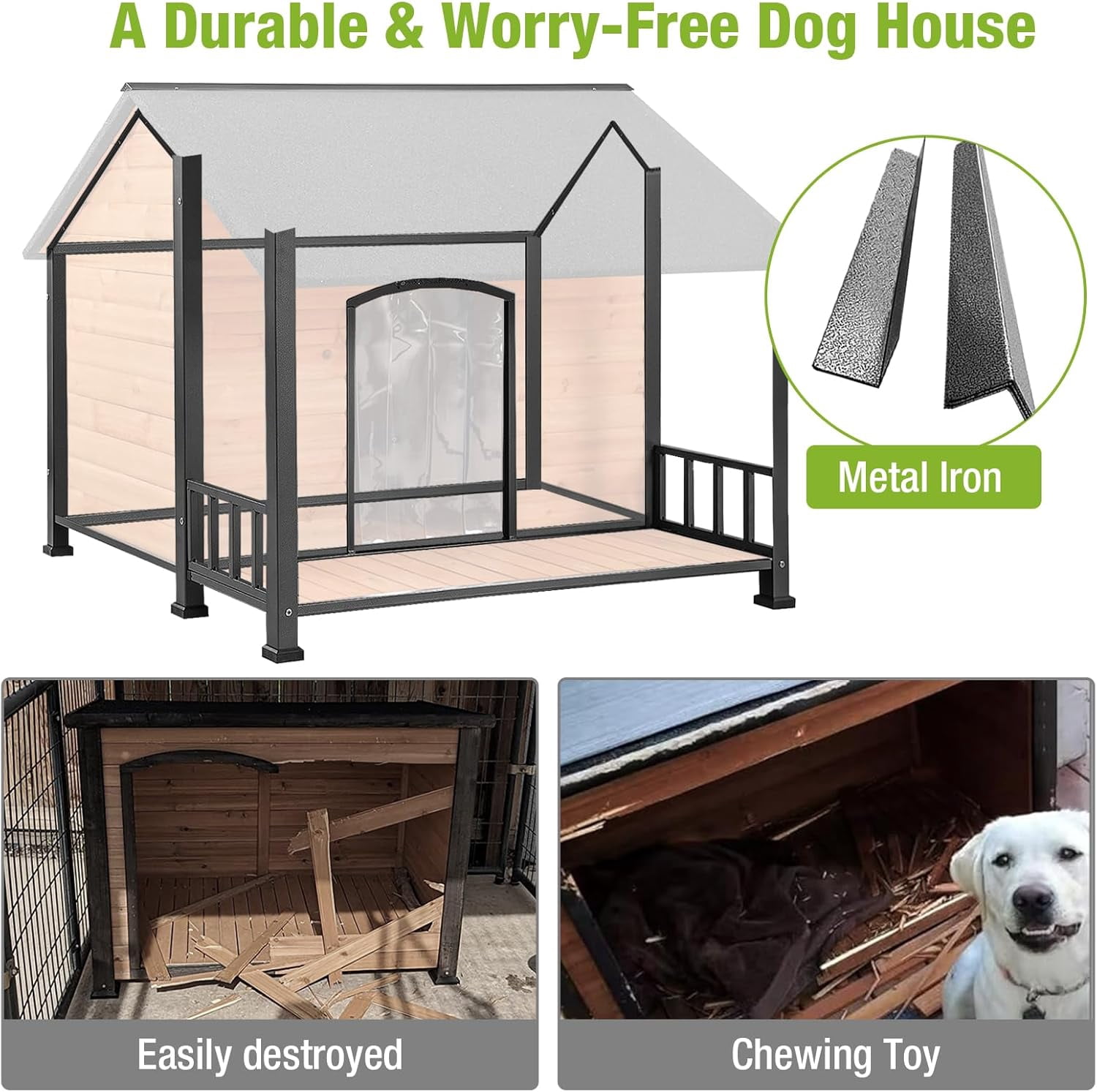 Dog House Outdoor for Large Breed Dogs, Dog Kennel Outside, Weatherproof, Metal Frame Dog Shelter with Elevated Floor and Porch, for Big Dog