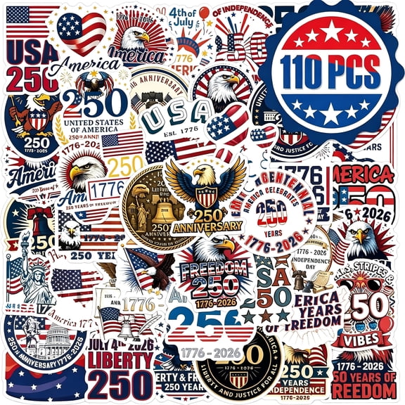 BESTSKY 110Pcs 250Th Anniversary Usa Stickers-United States 250 Anniversary 1776-Sticker Independence Day Patriotic Stickers Waterproof Vinyl Decals for Water Bottle Laptop Phone Car Luggage