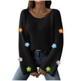 thumbnail image 2 of 2024 Fall Winter Women'S Sweater Loose Sexy Off Shoulder Flared Sleeve With Floral Embroidered Ribbed Knit Sweaters Pullover Jumper Tops Black S, 2 of 4