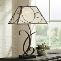 Franklin Iron Works Teri Rustic Farmhouse Table Lamp 27" Tall Brown Metal Scroll Light Mica Rectangular Shade for Bedroom Living Room Bedside Office