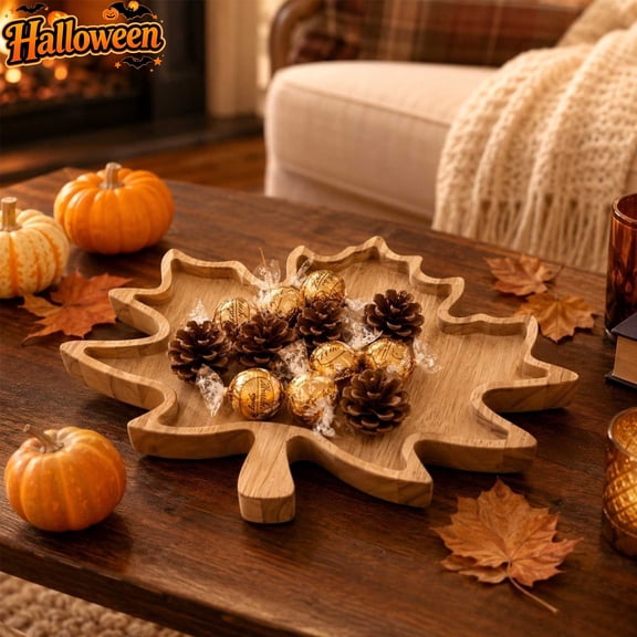 Maple Leaf Shaped Wooden Serving Tray, Fall Autumn Wood Platter For Snacks Nuts Dessert Charcuterie, Decorative Catchall Tray For Thanksgiving Harvest Party Dining Table Kitchen Farmhouse Home Decor