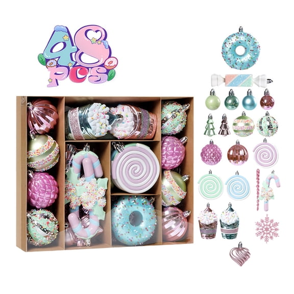 DVKOVI 48Pcs Christmas Ball Ornaments Set Candyland Tree Decorations Multiple Hanging Balls for Holiday Indoor Decor