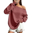 thumbnail image 2 of Women's Off Shoulder Drop Shoulder Oversized Long Sleeve Knit Pullover Top Casual Breathable | CSEONE, Red L, 2 of 9