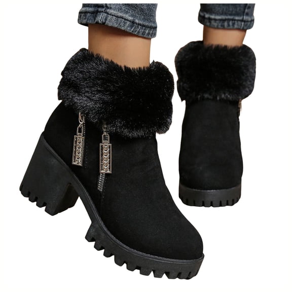 Womens Snow Boots Casual Warm Plush Suede Furry Lined Zip up Dress Winter Short Booties Lug Sole Chunky Mid Heel Ankle Boots Black Size 8.5